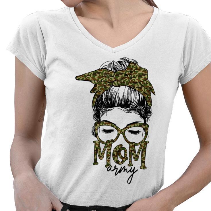 Funny Army Mom Messy Bun Hair Glasses V2 Women V-Neck T-Shirt