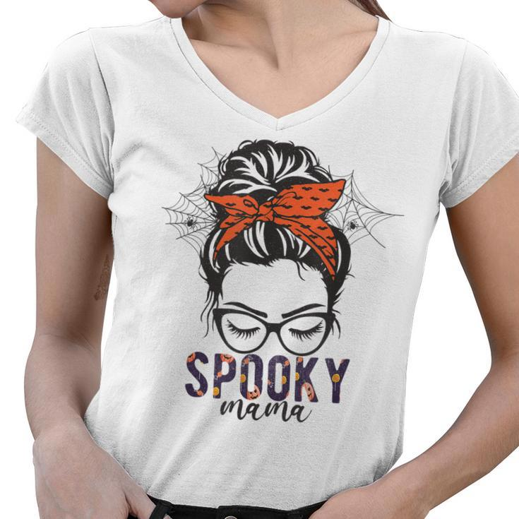 Funny Halloween Spooky Mom Messy Bun Skull Mama Costume  Women V-Neck T-Shirt