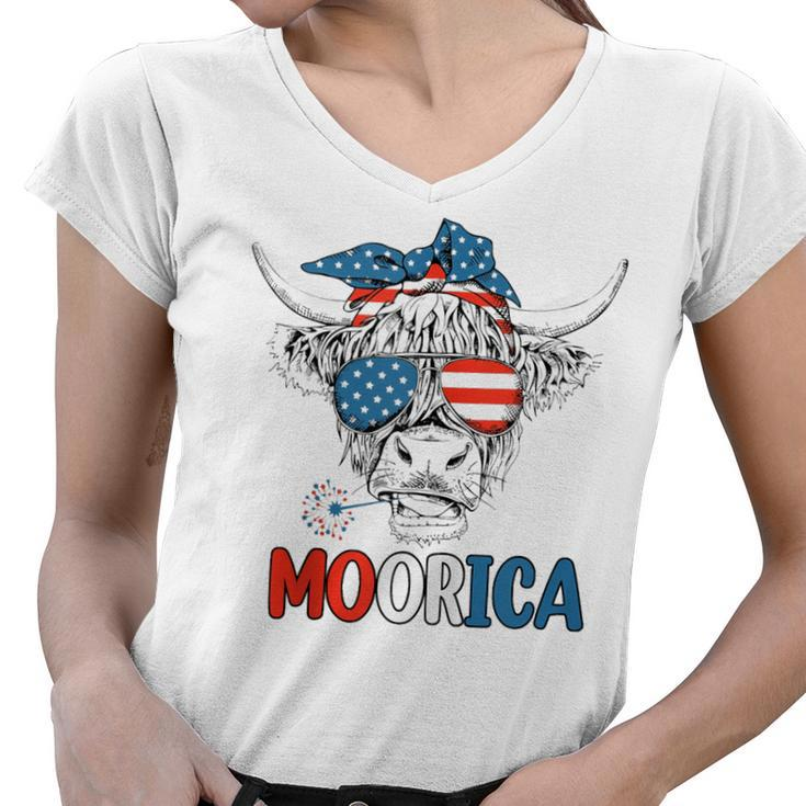 Funny Moorica 4Th Of July American Flag Highland Cow  Women V-Neck T-Shirt