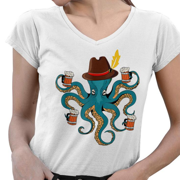 Funny Oktoberfest Octopus With Beer German Hat Oktoberfest  Women V-Neck T-Shirt