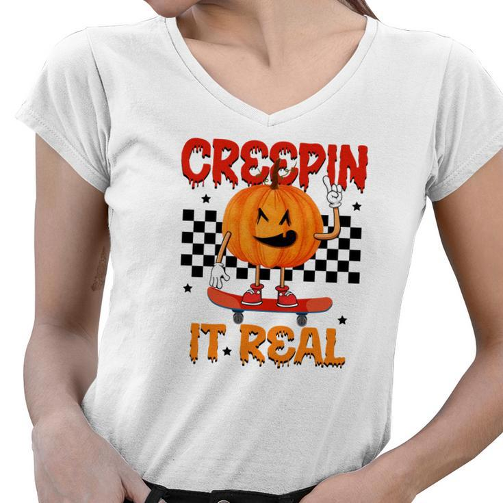 Funny Pumpkin Skateboarding Creepin It Real Halloween Women V-Neck T-Shirt