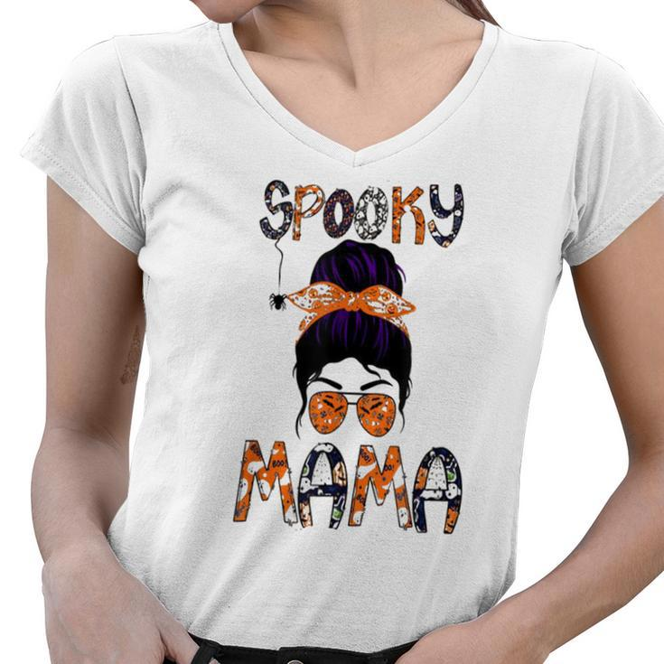 Funny Spooky Skull Witch Mom Halloween Spooky Mama Halloween  Women V-Neck T-Shirt