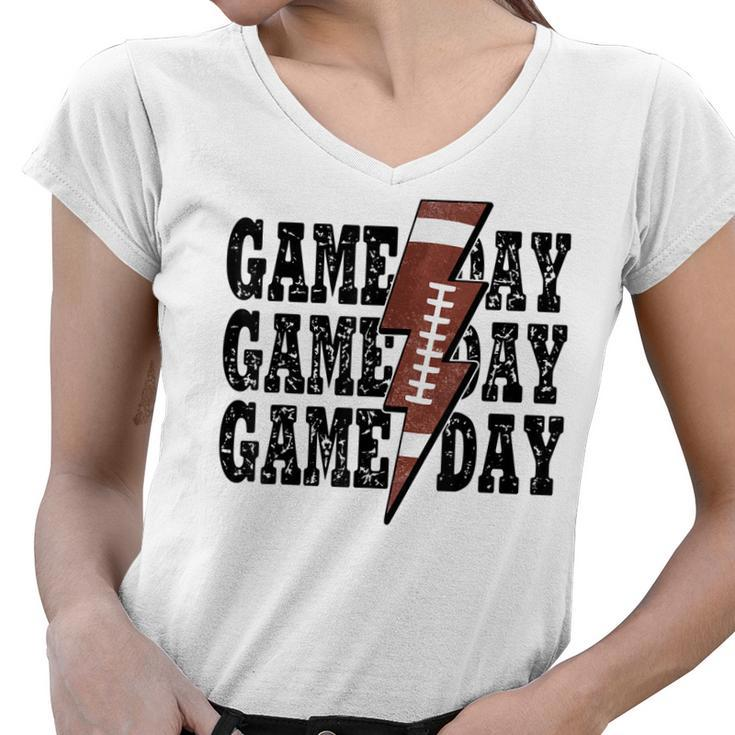 Game Day Football Season Lightning Bolt Funny Football Mom  Women V-Neck T-Shirt