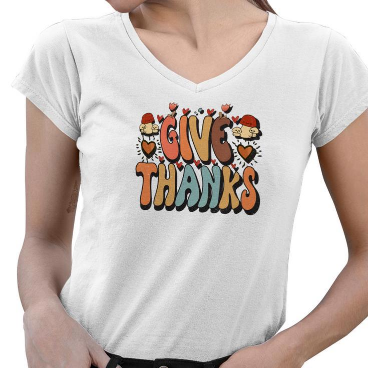 Give Thanks Groovy Style Retro Fall Season Women V-Neck T-Shirt