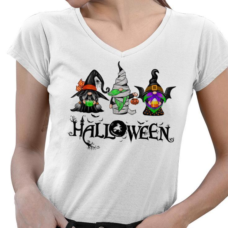 Gnome Witch Halloween Gnome Mummy Vampire Pumpkin Bleached  Women V-Neck T-Shirt