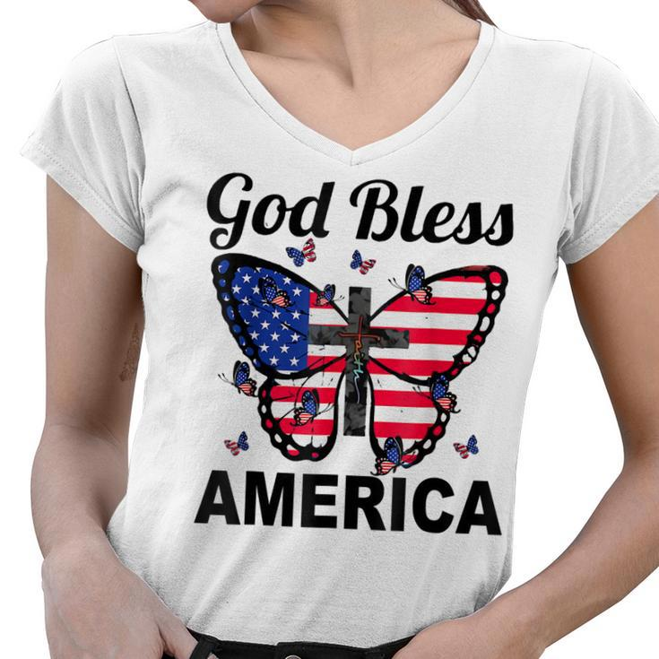 God Bless America Butterflies 4Th Of July Jesus Christ Cross  Women V-Neck T-Shirt