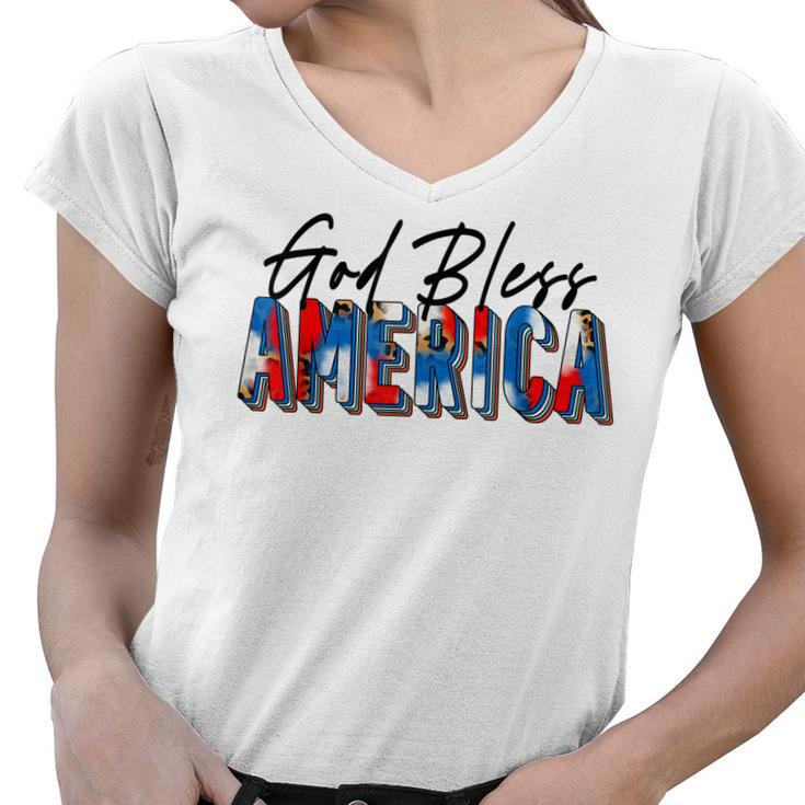 God Bless America Tie Dye Leopard Christian 4Th Of July  Women V-Neck T-Shirt