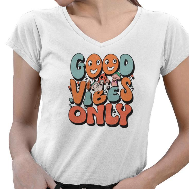 Good Vibes Only Fall Groovy Style Women V-Neck T-Shirt