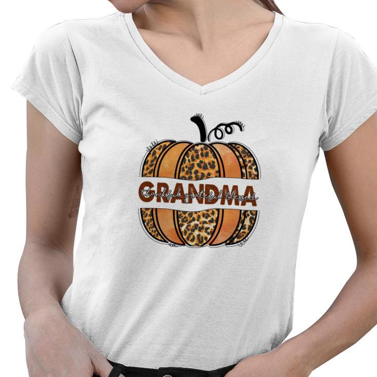 Grandma Pumpkin Thankful Grateful Blessed Fall Season Women V-Neck T-Shirt