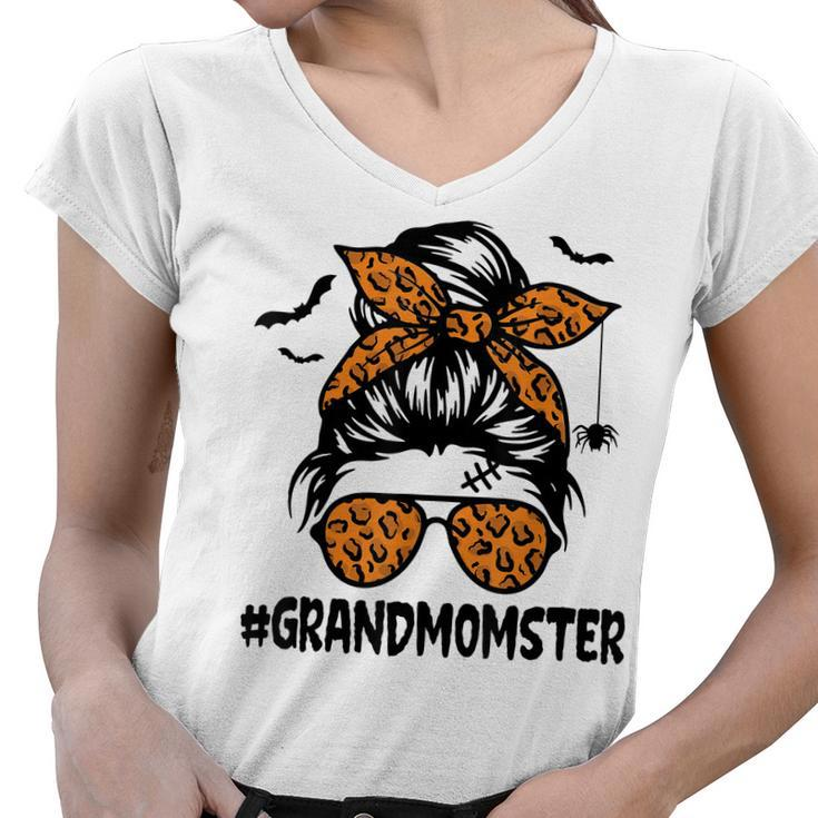 Grandmomster Shirt Women Halloween Nana Grandma Messy Bun Women V-Neck T-Shirt