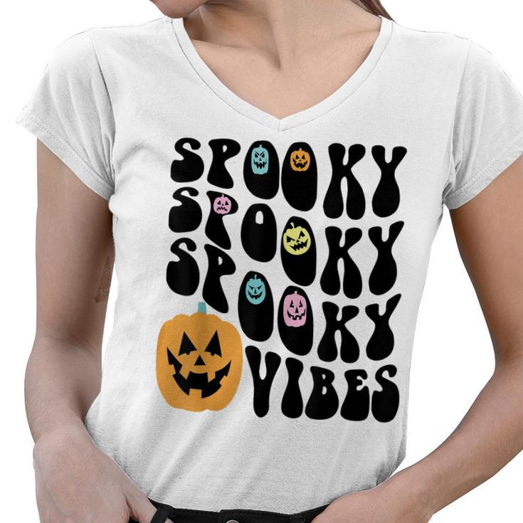 Groovy Spooky Vibes Scary Pumpkin Face Funny Halloween  Women V-Neck T-Shirt