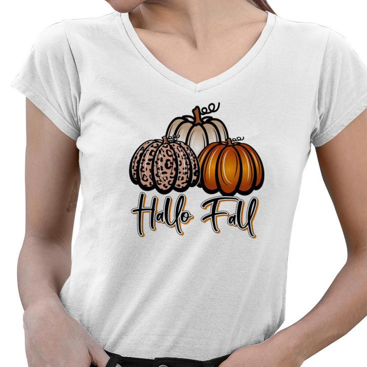 Hallo Fall Three Pumpkins Women V-Neck T-Shirt
