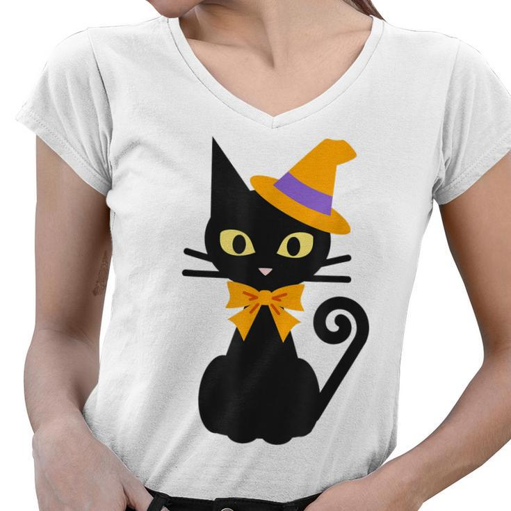 Halloween Black Cat With Hat And Bow Japanese Funny  Women V-Neck T-Shirt