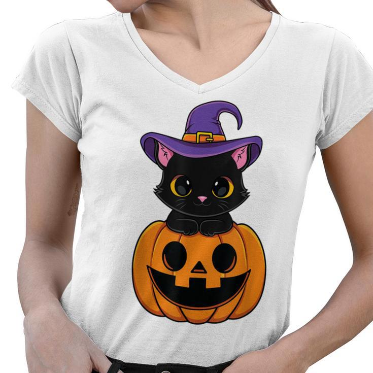 Halloween Cute Black Cat Witch Hat Pumpkin For Kids Girls  Women V-Neck T-Shirt
