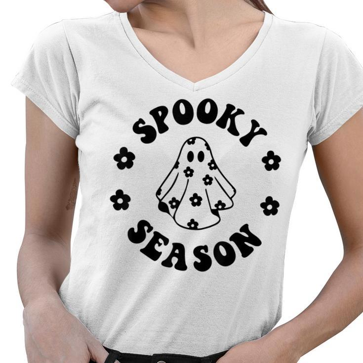 Halloween Ghost Vintage Groovy Trick Or Treat Spooky Vibes  Women V-Neck T-Shirt