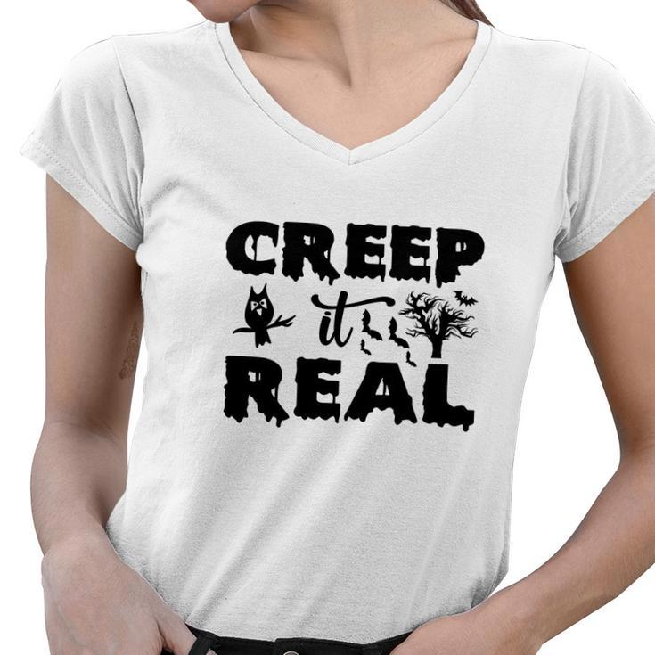 Halloween Owl Creep It Real Women V-Neck T-Shirt