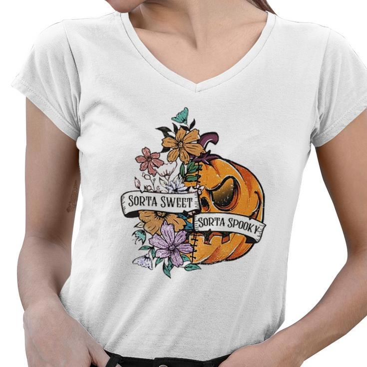 Halloween Sorta Sweet Sorta Spooky Pumpkin Floral Women V-Neck T-Shirt