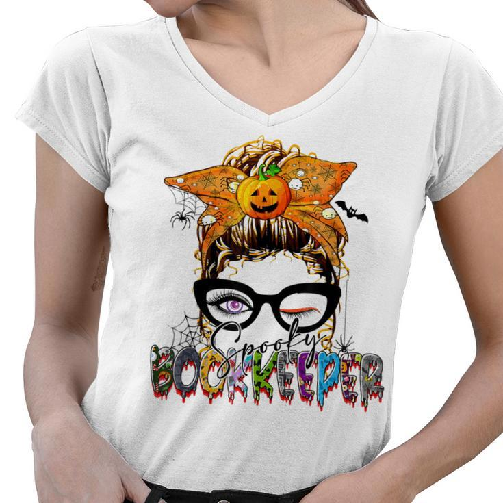 Halloween Spooky Bookkeeper Messy Bun Glasses Accountant  Women V-Neck T-Shirt