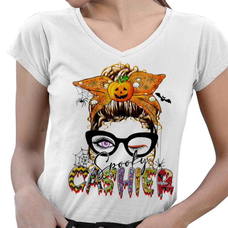 Halloween Spooky Cashier Messy Bun Glasses Spooky  Women V-Neck T-Shirt