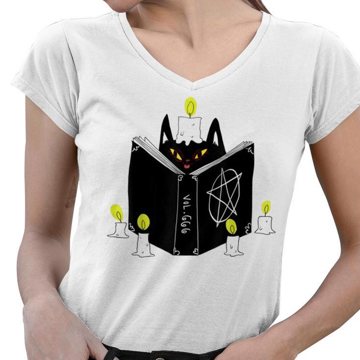 Halloween Witch Kitty Black Magic Cat Graphic  Women V-Neck T-Shirt