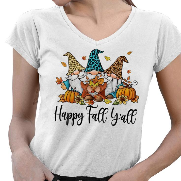 Happy Fall Yall Funny Gnomes With Pumpkins Thanksgiving  Women V-Neck T-Shirt