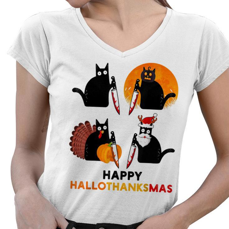 Happy Hallothanksmas Black Cat Halloween Thanksgiving  Women V-Neck T-Shirt