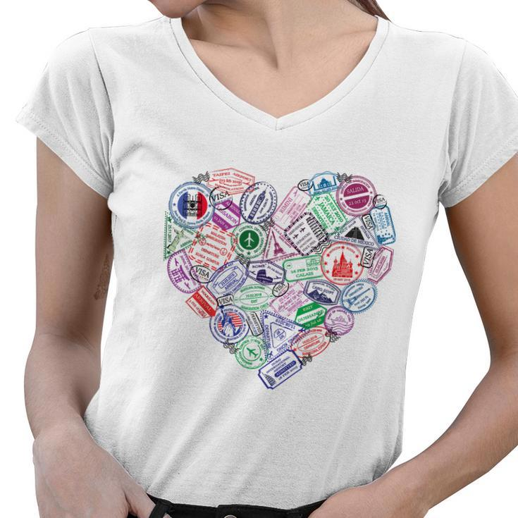 Heart Shaped Passport Travel Stamp Women V-Neck T-Shirt
