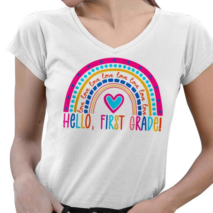 Hello First Grade Rainbow  Back To School Teacher Kids  Women V-Neck T-Shirt