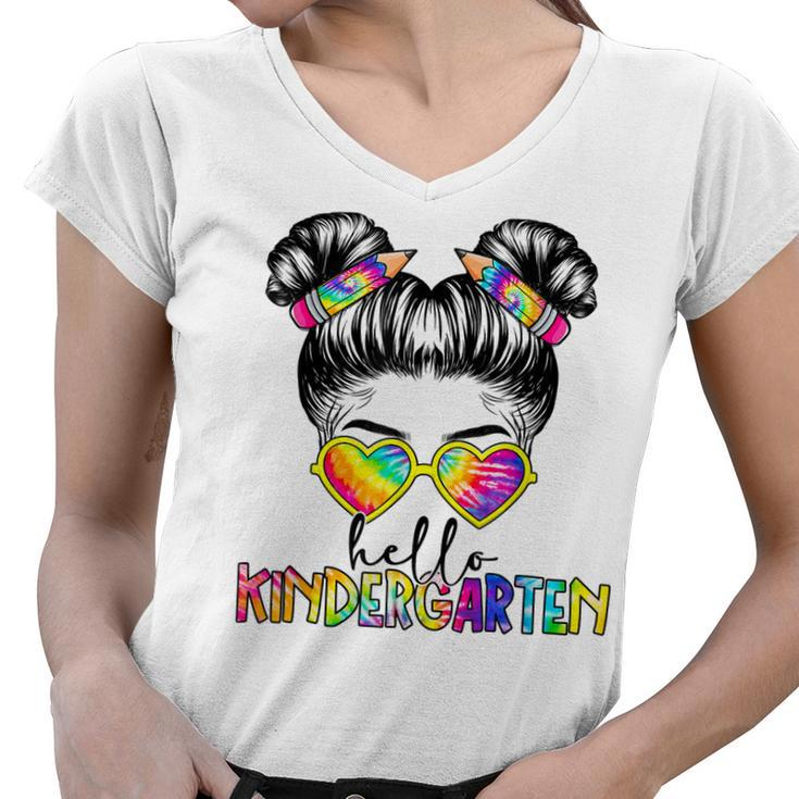 Hello Kindergarten Messy Bun Back To School Kid Girl Tie Dye  Women V-Neck T-Shirt