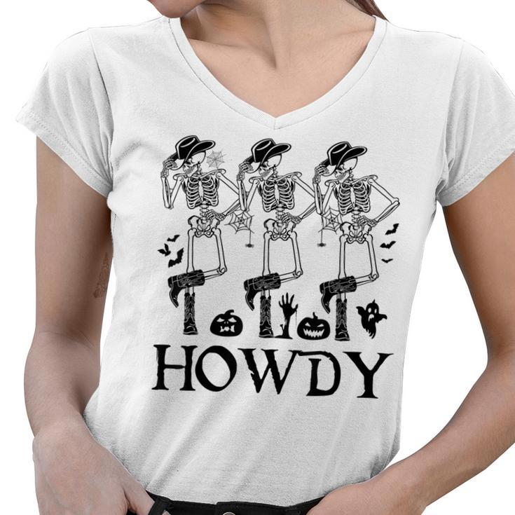 Howdy Cowboy Dancing Skeleton Cowboy Halloween  Women V-Neck T-Shirt