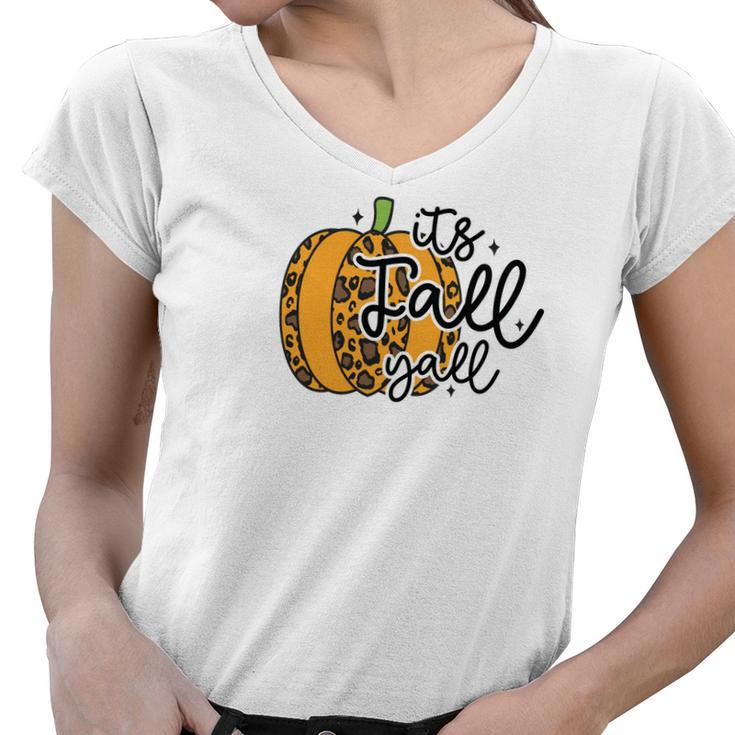 Its Fall Yall Leopard Pumpkin Women V-Neck T-Shirt