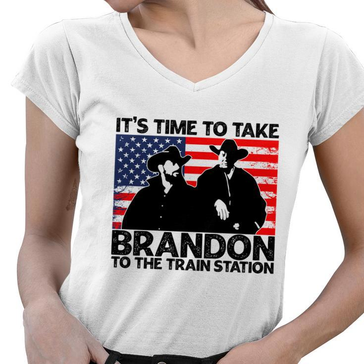 Its Time To Take Brandon To The Train Station America Flag Funny Its Time To Tak Women V-Neck T-Shirt
