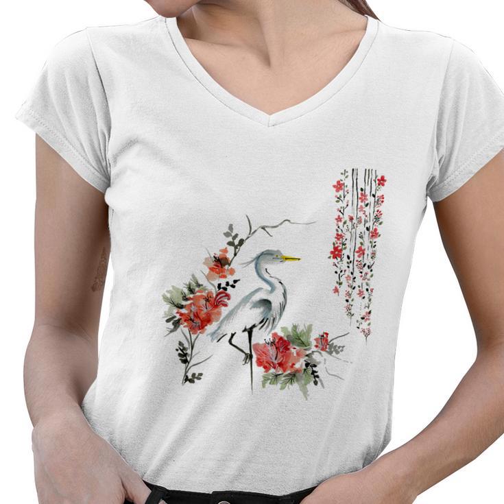 Japanese Art Crane Bird Garden Stylish Design Women V-Neck T-Shirt