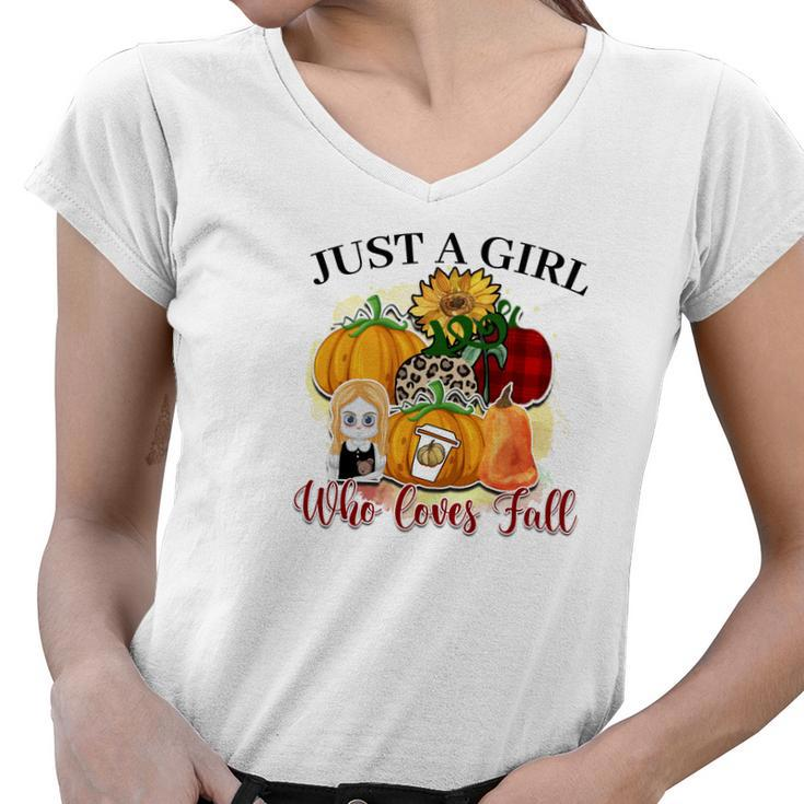 Just A Girl Who Loves Fall Pumpkin Flowers Women V-Neck T-Shirt