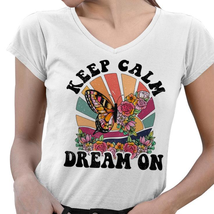 Keep Calm Dream On Vintage Boho Design V2 Women V-Neck T-Shirt