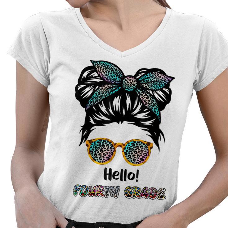 Kids Hello Fourth Grade Messy Bun Girls Back To School  Women V-Neck T-Shirt