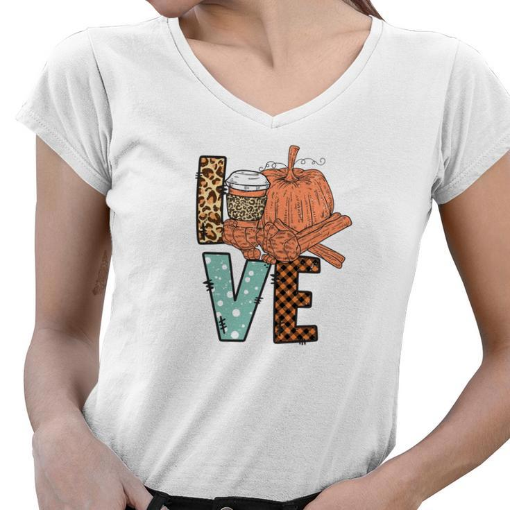 Love Pumpkin Latte Things Fall Season Women V-Neck T-Shirt