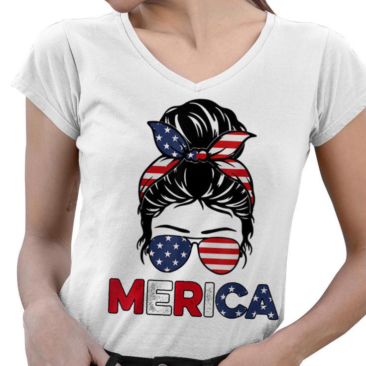 Merica Mom Girl American Flag Messy Bun Hair 4Th Of July Usa V2 Women V-Neck T-Shirt