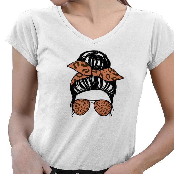 Messy Bun Cool Girl Pumpkin Fall Season Women V-Neck T-Shirt