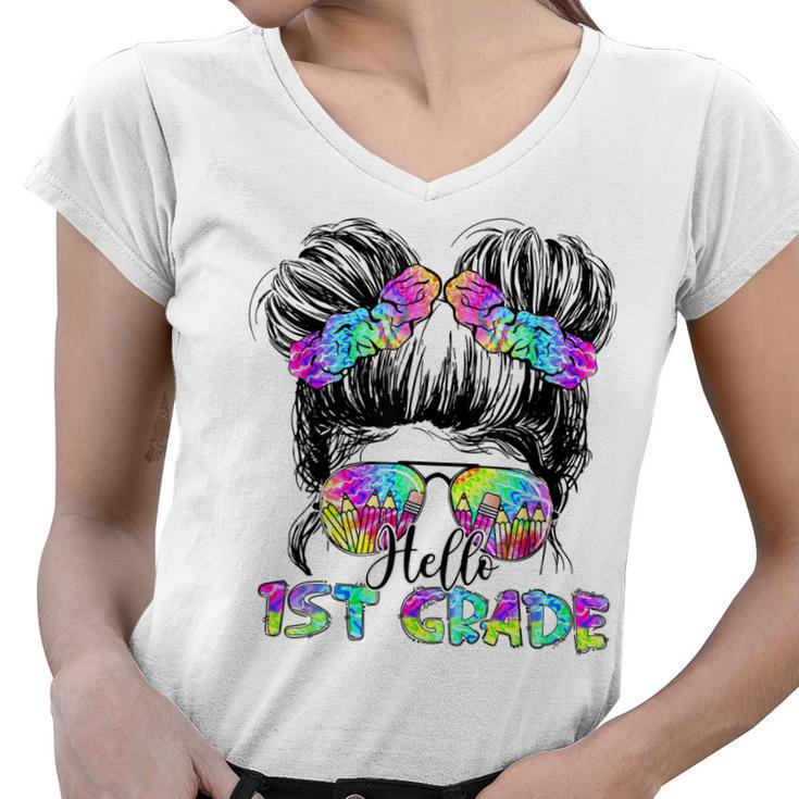Messy Bun Hair Tie Dye Rainbow Kids Girls Hello First Grade  Women V-Neck T-Shirt