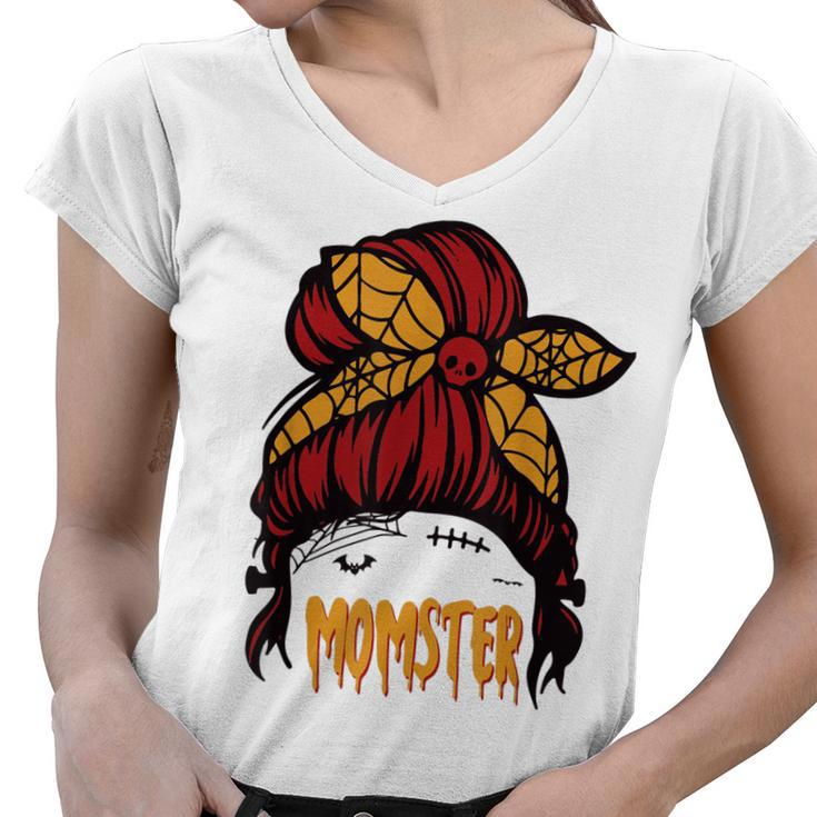 Messy Bun Halloween 2021 Costumes Women Momster Funny Spooky  Women V-Neck T-Shirt