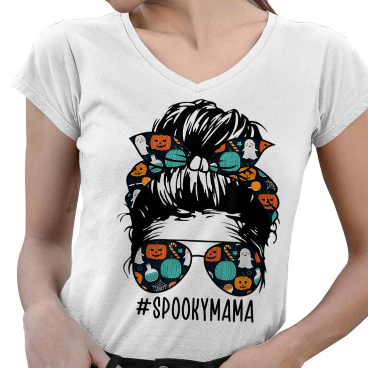 Messy Bun Halloween Ghost Bandana Sunglasses Spooky Mama  Women V-Neck T-Shirt