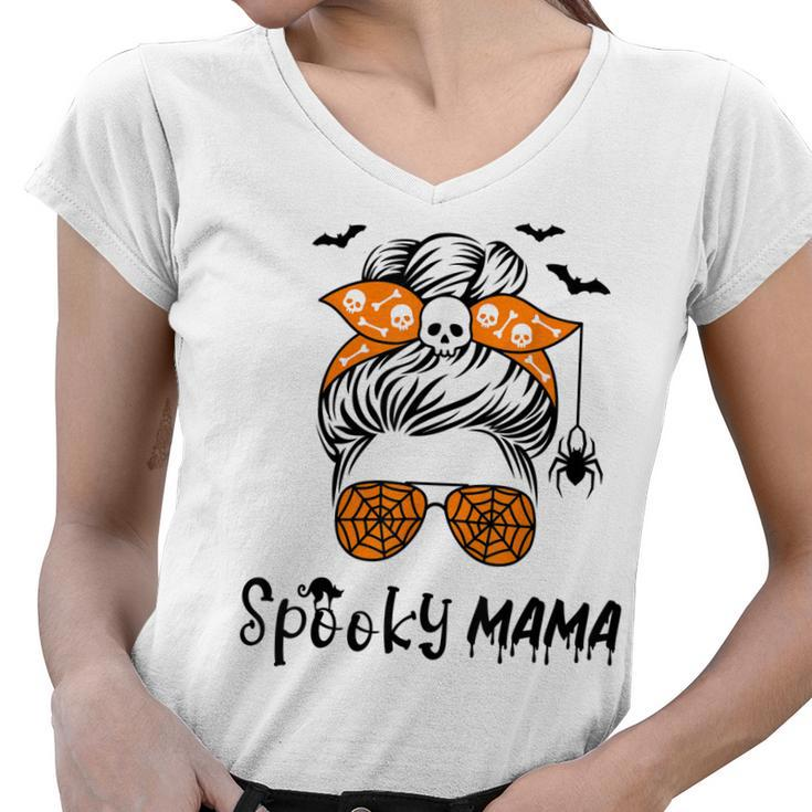Messy Bun Spooky Mama Mom Funny Halloween Costume Skull  Women V-Neck T-Shirt