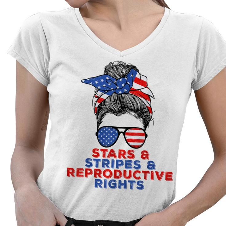 Messy Bun Us Flag Stars Stripes Reproductive Rights  Women V-Neck T-Shirt