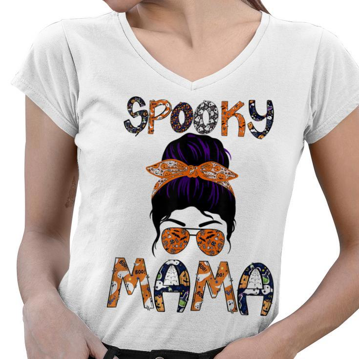 Messy Hair Bun Women Spooky Mama Halloween Funny Costume  Women V-Neck T-Shirt