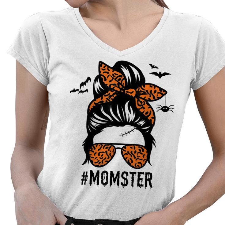Mom Messy Bun Halloween Leopard Womens Momster Funny Spooky  Women V-Neck T-Shirt