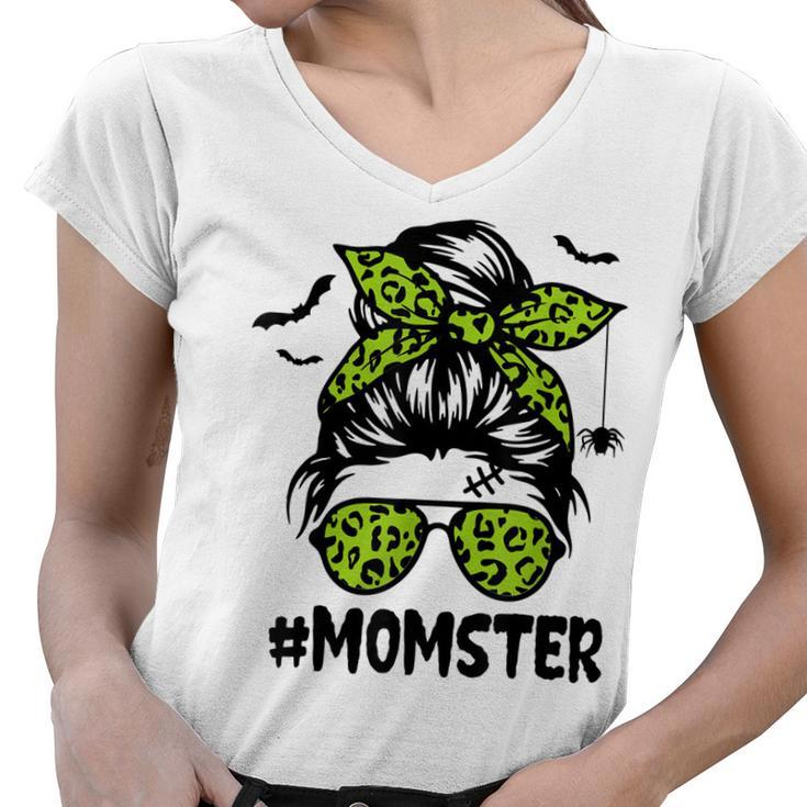 Momster  For Women Halloween Mom Messy Bun Leopard  Women V-Neck T-Shirt