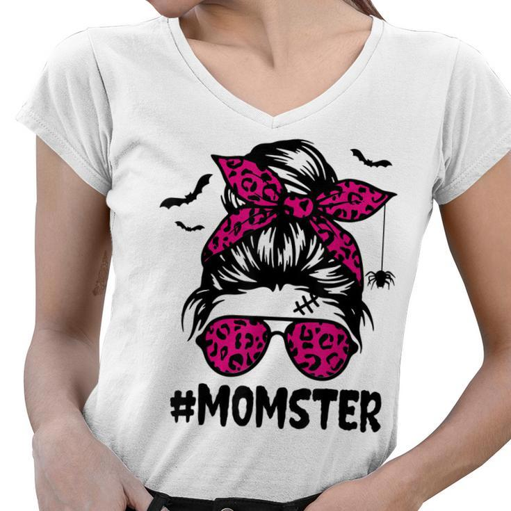 Momster  For Women Halloween Mom Messy Bun Leopard  Women V-Neck T-Shirt