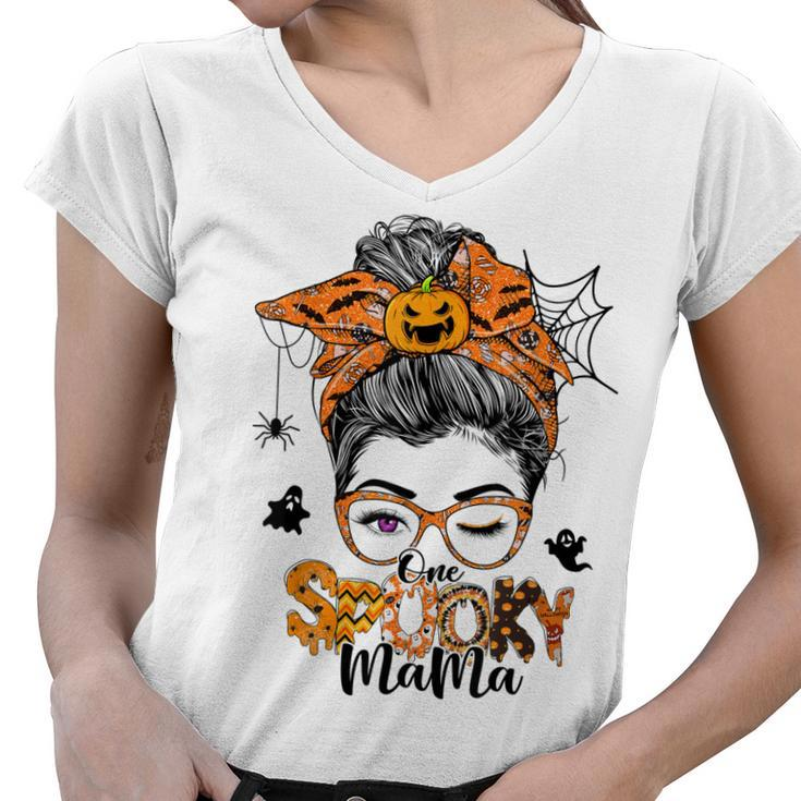 One Spooky Mama For Halloween Messy Bun Mom Monster Bleached  V3 Women V-Neck T-Shirt