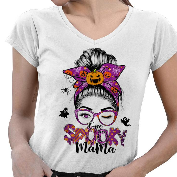 One Spooky Mama For Halloween Messy Bun Mom Monster Bleached  V6 Women V-Neck T-Shirt
